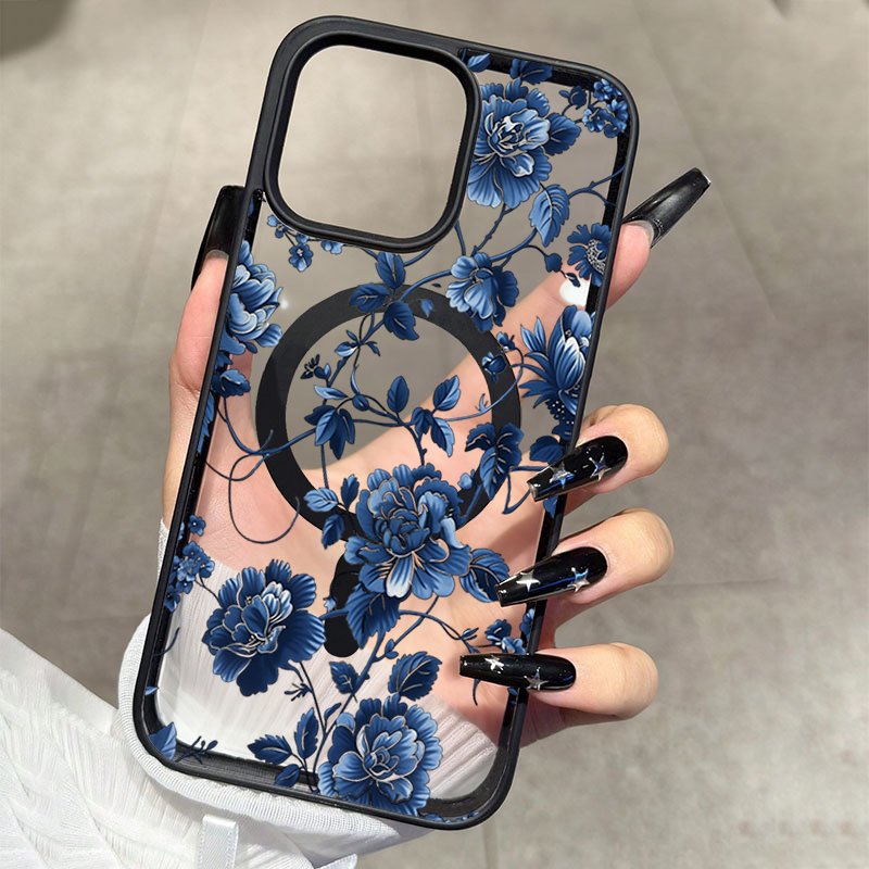 Phone Cases Iphone 16 - เคสโทรศัพท์แม่เหล็กหรูหราลายดอกไม้สีน้ำเงินวินเทจสำหรับ iPhone 17 16 15 Pro