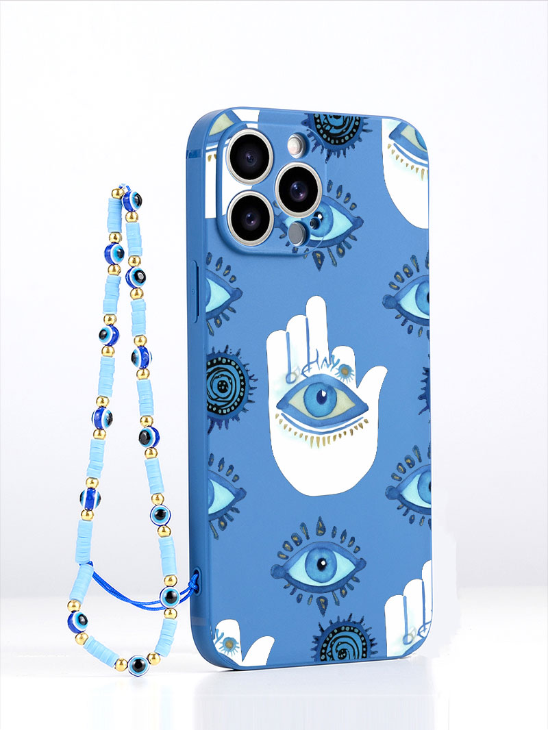 Phone Cases Classy - เคสโทรศัพท์ซิลิโคนเหลวสุดหรู สีฟ้า ลายตาปีศาจ พร้อมสายคล้อง สำหรับ iPhone