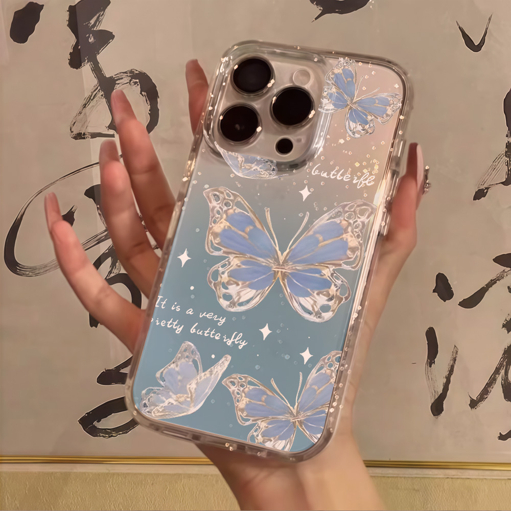 Phone Cases Classy - เคสโทรศัพท์ใสลายผีเสื้อสีน้ำเงินหรูหรา พร้อมกลิตเตอร์ สำหรับ iPhone 17 13